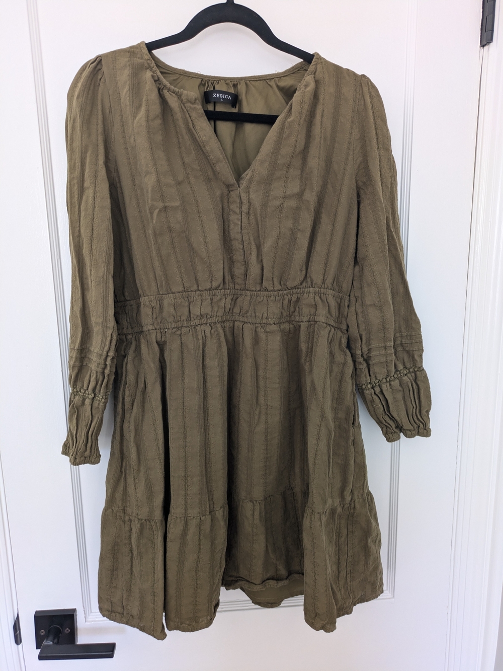 Zesica Olive Green Long Sleeve Smocked Waist Dress